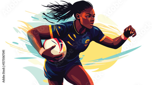 Confident Female Rugby Player Holding Ball in Action Pose