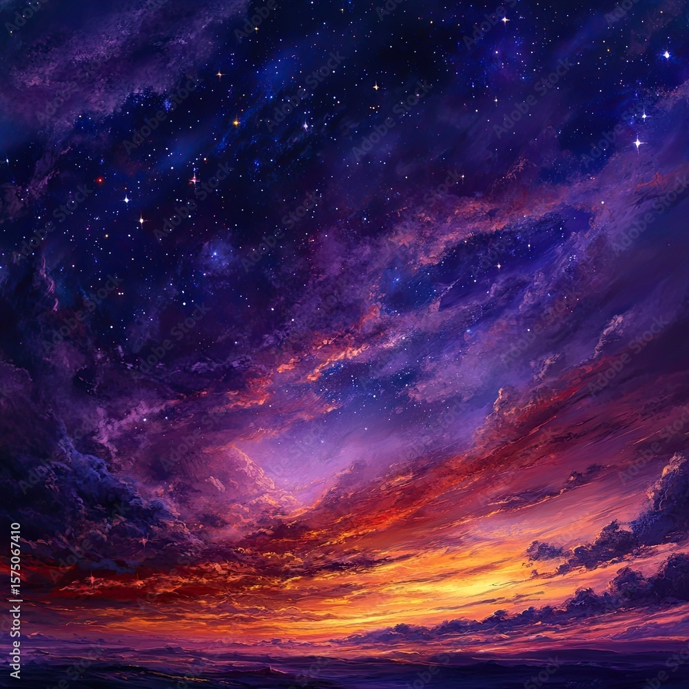 Fototapeta premium Starry Sunset Sky Above Horizon