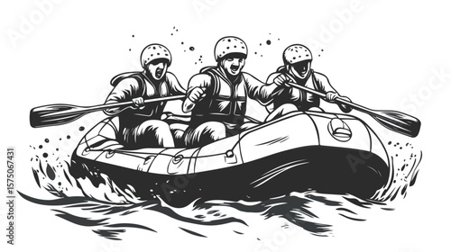 Thrilling Black and White Rafting Adventure Vector Illustration