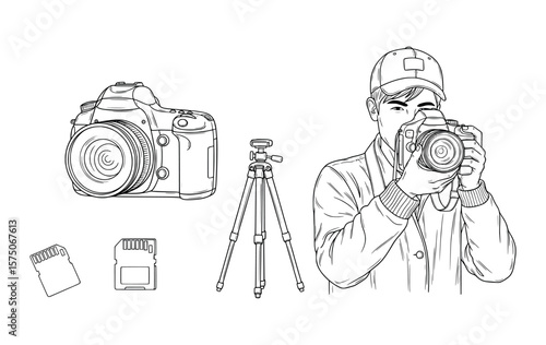 Cameraman operating camera equipment with photography gear and tripod. Vector Illustration
