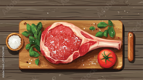 Fresh Raw Lamb Leg on Wooden Board with Salt and Tomato