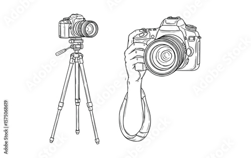 Camera, tripod, and gear tools prepared for photography work. Vector Illustration
