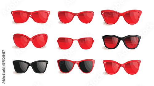 Stylish Red Sunglasses Set Flat Vector Design on White Background