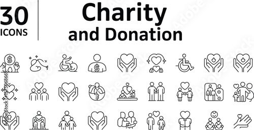 Thirty line art icons depicting charity and donation themes on a white background