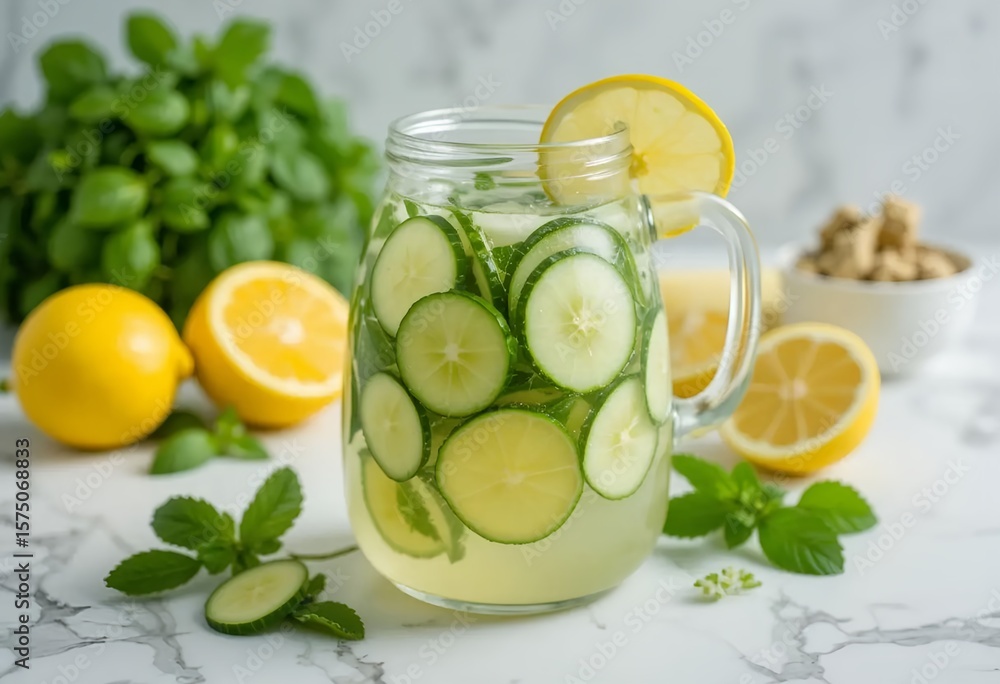 Fototapeta premium Detox water with cucumber and lemon slices in a glass jug, surrounded by fresh ingredients on white marble background.