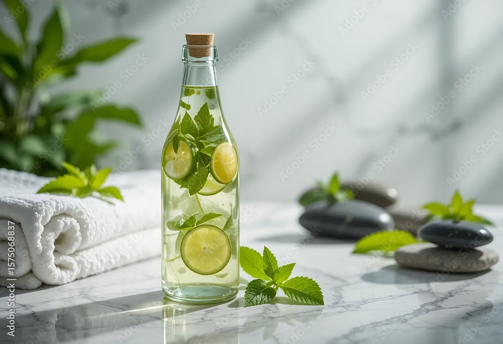 Elegant spa-style setting with glass bottle of cucumber lemon water, mint leaves, towels and stones in background, wellness atmosphere. Elegant spa-style setting with glass bottle of cucumber lemon water, mint leaves, towels and stones in background, wellness atmosphere.