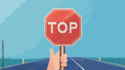 Stop Road Sign Held in Hand Flat Vector Illustration
