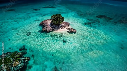 Aerial view of a small tropical island in turquoise water a small green tree sits on the island surrounded by coral reefs