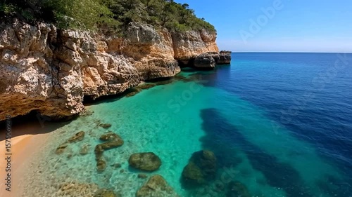 A vibrant coastal scene featuring turquoise water gently lapping a sandy beach framed by rugged cliffs and lush greenery under a bright blue sky