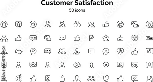 A collection of fifty customer satisfaction icons in a clean and simple style