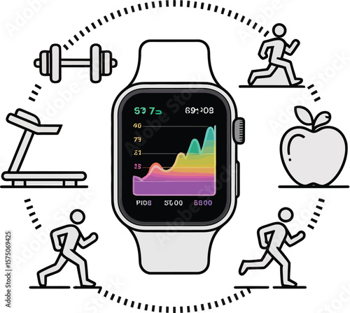Illustration of a smartwatch surrounded by fitness and health related icons