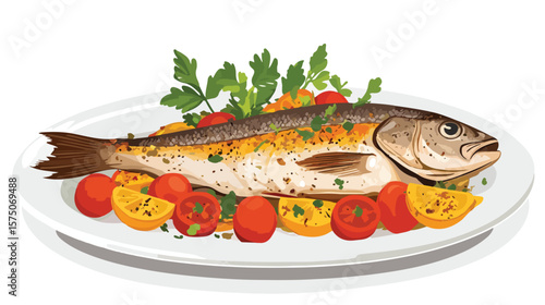 Delicious baked seabass with tomatoes from side view