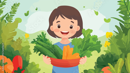 Happy Caucasian Child with Fresh Vegetable in Hand