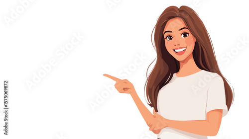 Happy Young Woman Pointing Smilingly to the Side