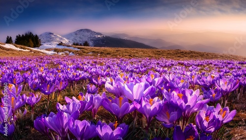 a vibrant field of saffron crocuses in full bloom their delicate purple flowers carpeting the landscape the golden stamens of the crocuses which produce the valuable saffron spice glow in