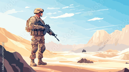 Cartoon Soldier in Desert Adventure Illustration