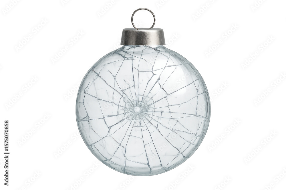 Fototapeta premium Broken clear glass christmas ball ornament with cracks and a hole, isolated on transparent background