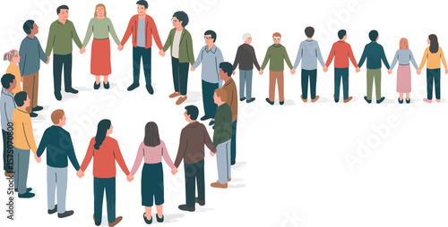 Illustration of diverse group of people holding hands in a circle and a line formation