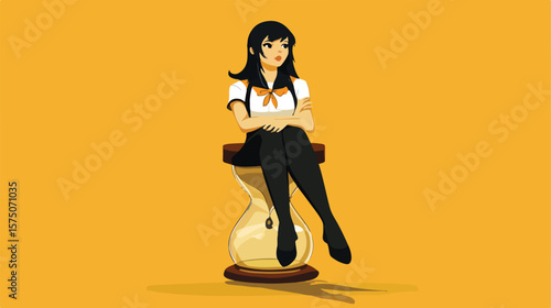 Girl Sitting on Hourglass - Vector Illustration
