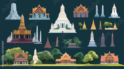 Colorful Thailand Travel Set Flat Vector Illustration