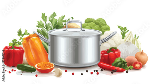 Realistic Vegetables and Pot Cooking Concept with Ingredients
