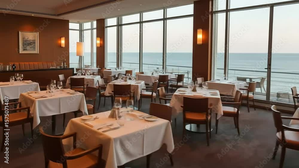 Elegant Restaurant Interior with Tables and Chairs Facing the Ocean View Through Large Windows During Evening Lighting Elegant Restaurant Interior with Tables and Chairs Facing the Ocean View Through Large Windows During Evening Lighting
