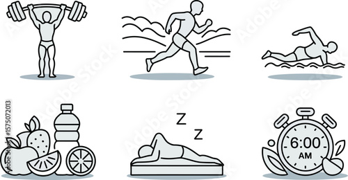 A collection of line art icons depicting fitness, health, and wellness activities