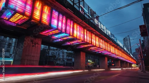 Illuminated elevated train track with colorful neon lights reflects on a wet road at night. Cars and a bus streak with motion blur adding to the dynamic night scene. The urban cityscape forms the