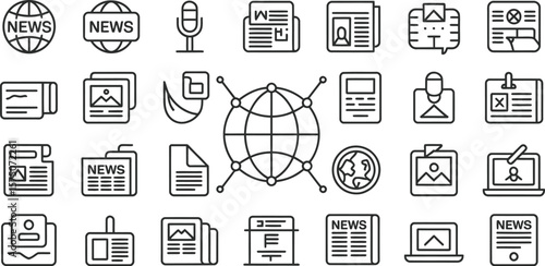 A collection of news related icons arranged on a light gray background surface