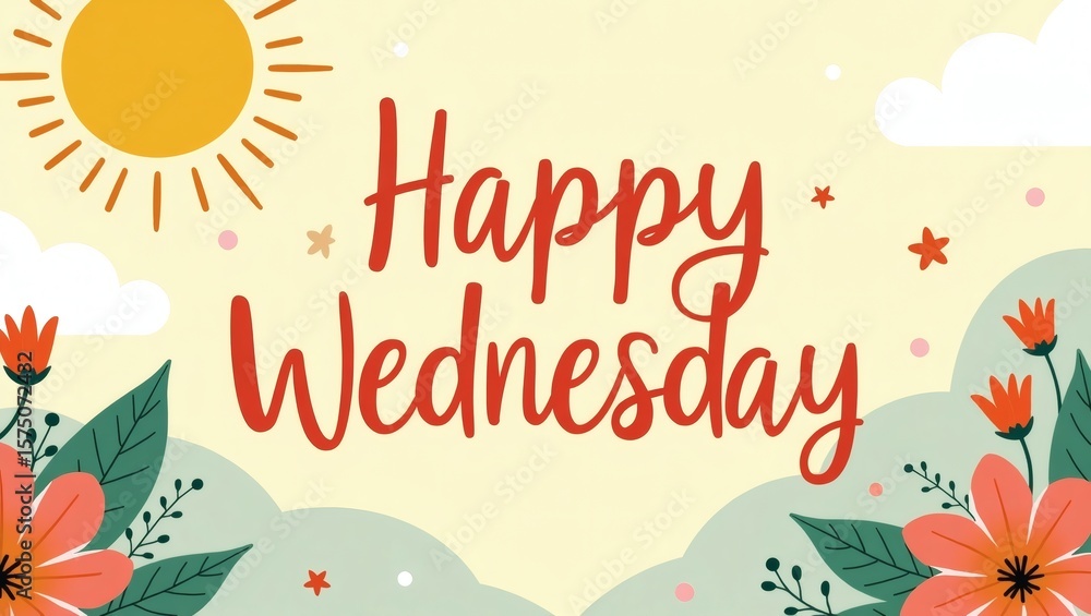 Fototapeta premium Cheerful ‘Happy Wednesday’ Illustration with Sunshine, Coffee Cup, and Blooming Flower – Bright Colors, Soft Lighting, and Uplifting Midweek Vibe for Social Media or Greeting Use