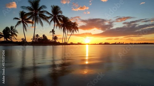 Generic sunset video with trees silhouettes reflecting in calm water orange and blue hues and atmospheric lighting over the horizon