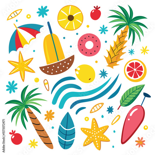 Colorful summer elements, including palm trees, fruits, and a boat, on a white background
