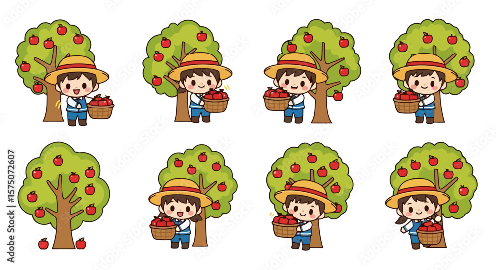 Fototapeta premium Apple Harvest: Cartoon Farmer Collection