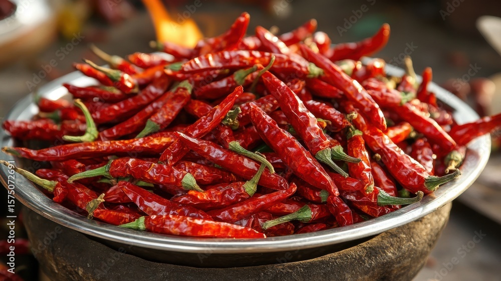 A close up shot of a bowl filled with many dried red chili peppers with green stems on a dark surface A close up shot of a bowl filled with many dried red chili peppers with green stems on a dark surface