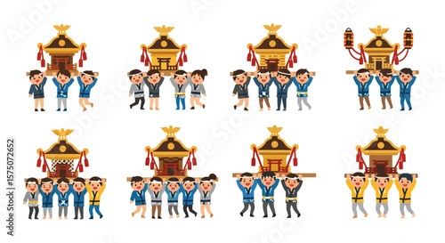 Mikoshi Carriers: Traditional Japanese Festival Illustration Set