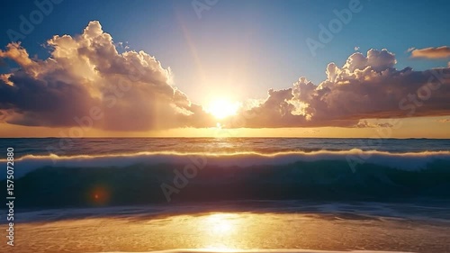 Ocean waves rolling onto a sandy beach during a sunset with clouds in the sky and sun rays shining through them. The water is illuminated by the sun's golden light