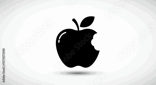 Silhouette of a bitten apple with a leaf and stem on a white background