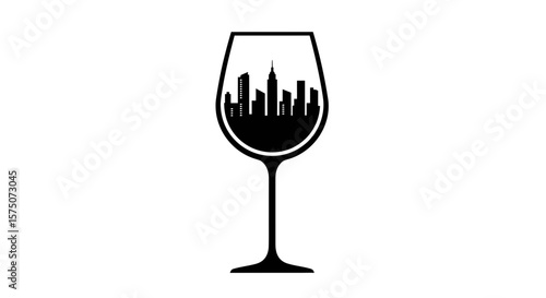 Silhouette of a wine glass filled with a city skyline in black color