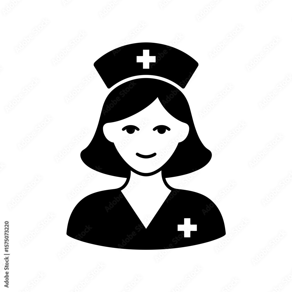 A nurse wearing a traditional cap and uniform, depicted in a simple black and white icon style. Ideal for healthcare settings. A nurse wearing a traditional cap and uniform, depicted in a simple black and white icon style. Ideal for healthcare settings.
