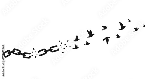 Broken chain transforming into birds flying away on a white background