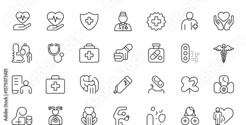 A collection of line art medical icons representing healthcare and well being topics