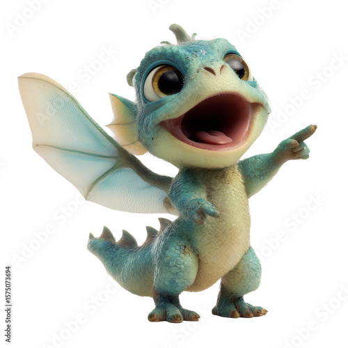 Dragón Bebé 3D Lindo Sorprendido Señalando con Ala en Fondo Blanco