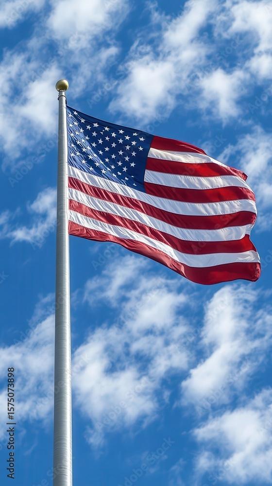 Naklejka premium American flag waving proudly against a blue sky with fluffy white clouds on a sunny day outdoors