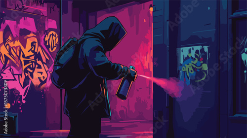 Hooded Hooligan Spraying Graffiti on Dirty Building