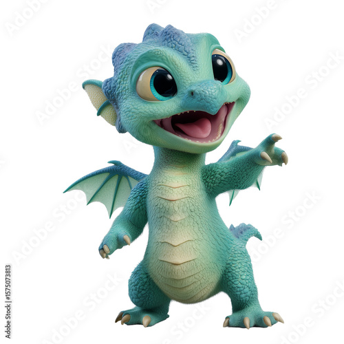 Dragón Bebé 3D Lindo Sorprendido Señalando con Ala en Fondo Blanco