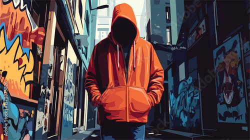 Urban Hooded Hooligan Walking Through City Streets Leaving Graffiti