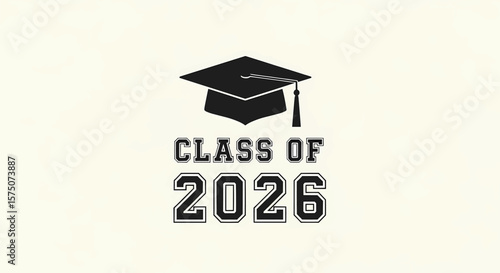Black and White Graduation Cap for "CLASS OF 2026": A Clean Digital Illustration with Blocky, Collegiate-Style Text and a Strong, Contrasting Outline

