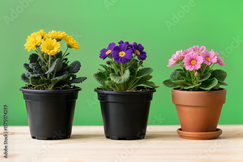 Wallpaper Mural three pots concept primula flowers on the table in front of green background tres macetas concepto primula flores sobre la mesa delante de fondo verde concept de trois pots de fleurs de primevère Torontodigital.ca