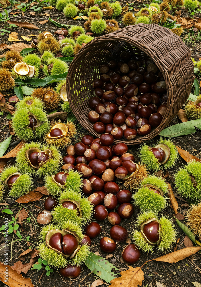 Fototapeta premium Abundant autumn harvest of chestnuts and burrs, with overturned basket.