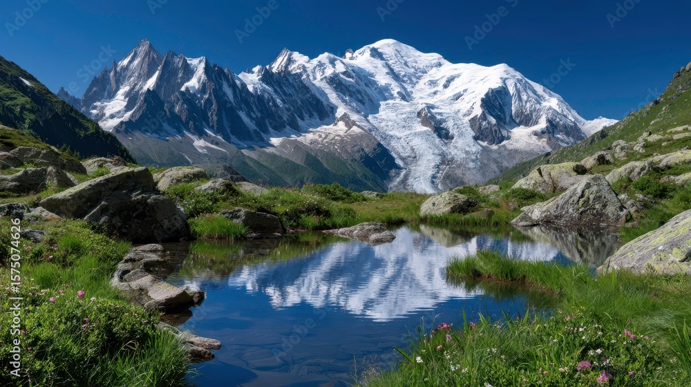 Fototapeta premium Mont Blanc Landscape Reflection, Alps Mountain View, Alpine Lake